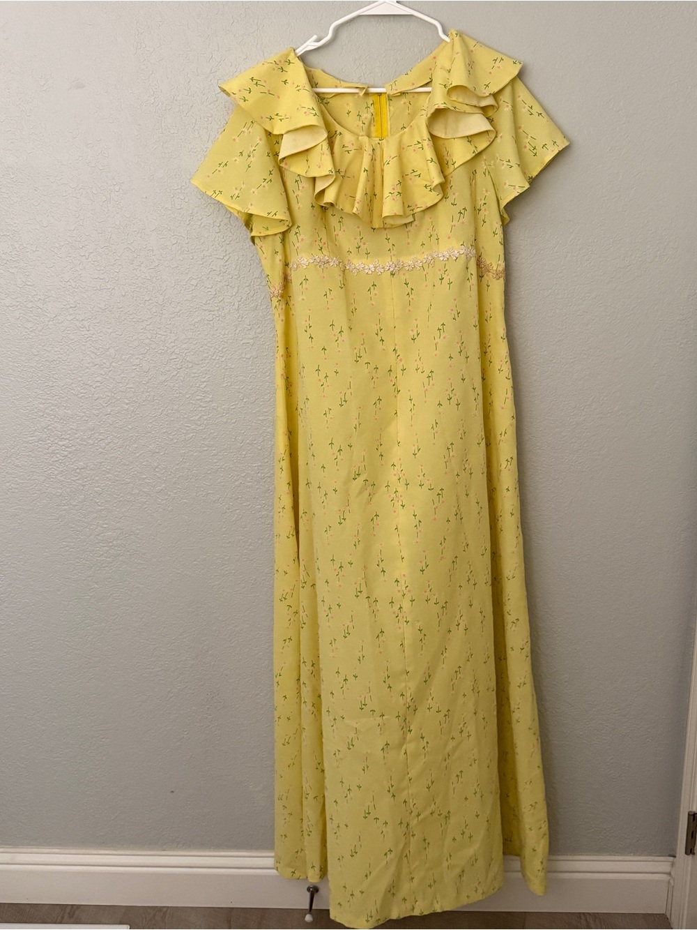 Vintage 1960s 1970s Sunny Yellow Ruffle Neck Maxi Dress - Picture 5 of 9